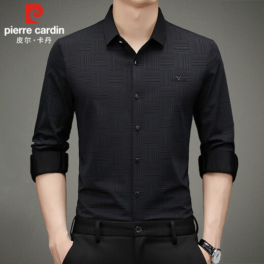 Pierre Cardin long-sleeved shirt men's spring and autumn loose trendy business casual knitted plaid shirt for young and middle-aged people, black XL