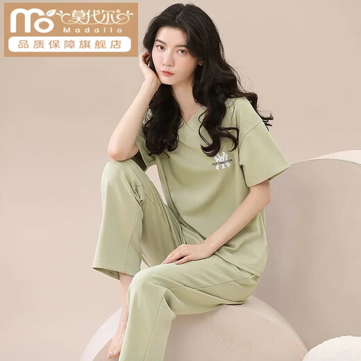 莫代尔棉质睡衣女夏天新款短袖长裤宽松春夏家居服薄款外穿夏季套装 SM-9711【棉质棉质】 M 码80-100斤需预留缩水