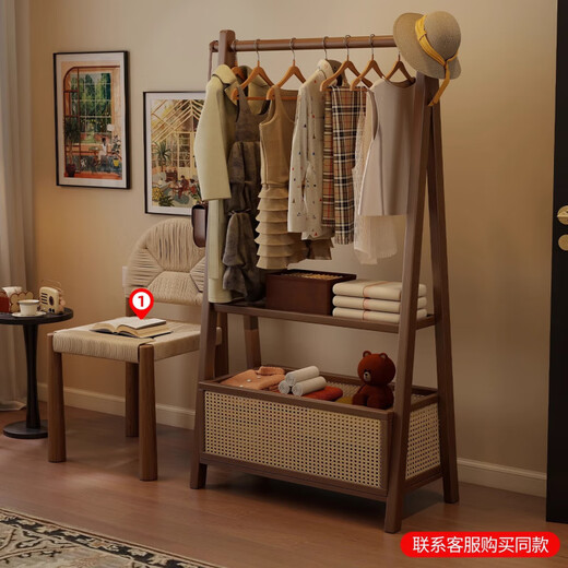 Thorough medieval coat rack floor-standing bedroom home clothes rack multi-functional storage rack removable simple clothes rack walnut color 60CM-with wheels