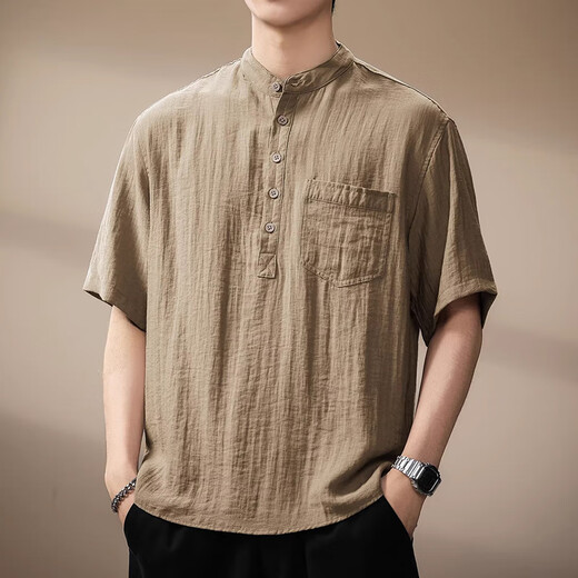 Chaotianshi high-end Chinese antique style retro linen short-sleeved shirt men's summer thin old money style Henry collar casual shirt gray XL 145-160Jin Jin equals 0.5 kg