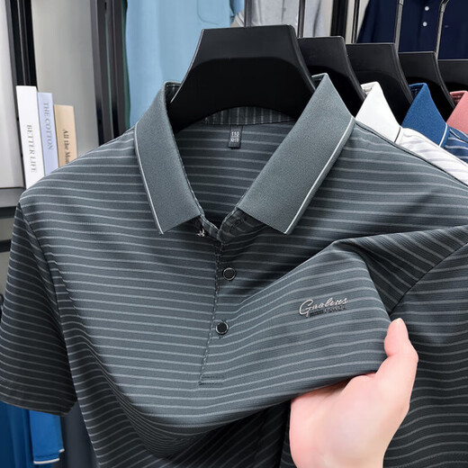 JinBa (JinBa) ice silk short-sleeved T-shirt for men's summer new striped lapel high-end daddy suit business casual half-sleeved polo shirt trendy white JL-9922 L 170 suggestion 115-125Jin [Jin equals 0.5 kg]
