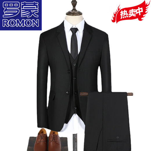 罗蒙（ROMON）商务职业正装男士西服套装三件套修身西装外套结婚礼服伴郎上衣男 一粒扣 黑色西服+衬衫+马甲+西裤 3XL 【160-170斤】