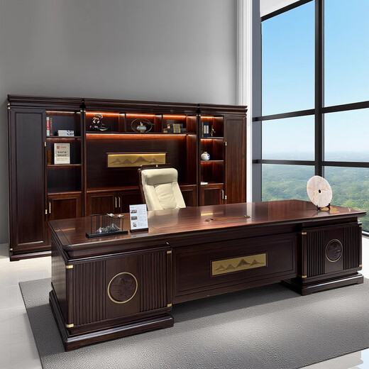 Hanjitangyu solid wood boss desk desk ebony wood high-end president desk chairman office furniture new Chinese style executive desk 2.4 meters boss desk