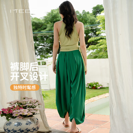 Meesu yoga blouse women's sleeveless summer casual sports light bloomers Chinese fashion Pilates meditation dance wear bamboo green + grass green two-piece set L