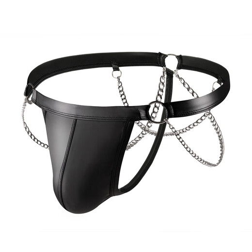 New Men's Sexy Underwear European and American Pouch Tight Thong Patent Leather Chain Decorated Rainbow T-Pants Hollow Ring Black M