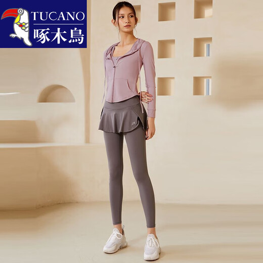 Woodpecker running sports suit for women, autumn and winter plus velvet to keep warm and cold-proof, slim-fitting internet celebrity Pilates training fitness suit, light blue + titanium gray plus velvet two-piece set TC50502 S