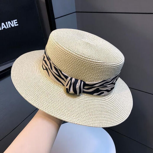 Tuzun Flat Top Hat Summer French Straw Hat Retro Zebra Sun New Hat Outdoor Vacation Sun Visor Hat 5cm brim light brown light brown black belt Recommended head circumference 56-58cm