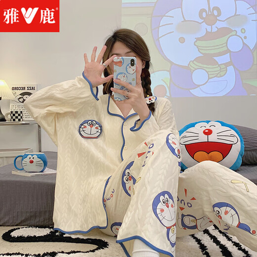 雅鹿感睡衣女春秋冬季长袖裤薄款纯棉两件套装学生宽松月子家居服 长袖开衫套装【9207】 M 【70-95斤】