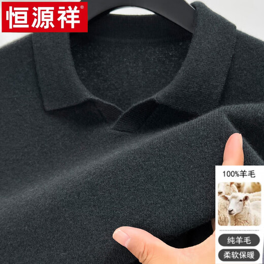Hengyuanxiang 100% pure wool seagull collar polo shirt for men, thickened lapel sweater for young and middle-aged people, autumn and winter base woolen sweater, dark gray green (100% wool), 100% non-pilling 2XL