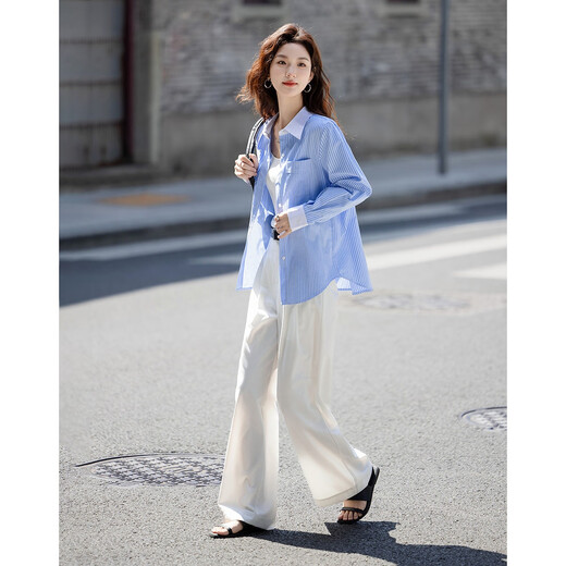 Demana Salt Intelligentsia Spring and Autumn Intelligent Stripe Contrast Color Lapel Long Sleeve Shirt Covering Flesh Shirt Women's Top