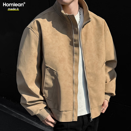 Homlean simple versatile jacket men's autumn American retro pu leather stitching stand collar loose casual jacket HJ52 khaki L