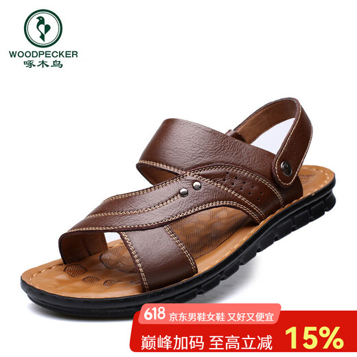 Woodpecker leather sandals men's summer dual-purpose non-slip large size outer wear soft-soled beach shoes middle-aged and elderly dad sandals 12129 brown 43