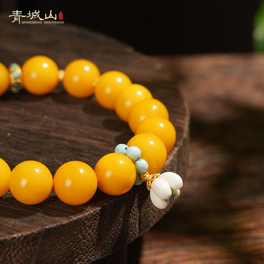 Qingchengshan Cultural and Creative Natural Russian Material Beeswax Bracelet Chicken Fat Yellow 925 Silver Mammoth Mermaid Lucky Accessory Birthday Gift for Women 10mm Chicken Fat Yellow Beeswax Mermaid Bracelet