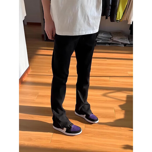POUM黑色弯刀牛仔裤男秋季美式高街vibe男裤子潮牌冬季加绒直筒微喇裤 GYFS-G825黑色 L