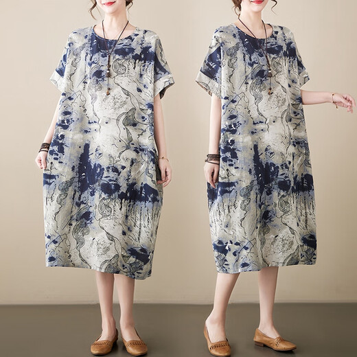 
Jiandang summer large-size women's loose slim dress literary and fashionable retro short-sleeved meat-covering mid-length skirt XR686 5701 blue One-size [130-185Jin[Jin equals 0.5 kg]]