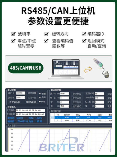 单圈绝对值编码器角度微型旋转磁布瑞特高精度位移传感器CAN防水 8mm抱箍-40mm 10bit1024CAN5-24v