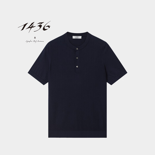 14361436 Italian imported fabric 2025 spring and summer new worsted Henley collar embroidered half-sleeved men's pullover Navy blue M 110cm