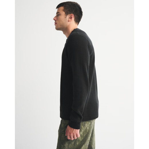 Abercrombie & Fitch Men's 25 Autumn and Winter New American Style Versatile Cotton Waffle Henley Collar Knitted Long-Sleeve T-Shirt 124-5645 Black XL (180/116A)