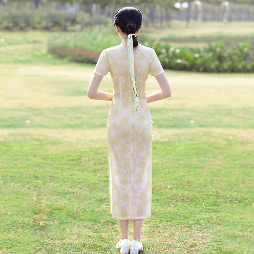 复合蕾丝长款旗袍2025甜美单层日常改良修身宴会演出连衣裙 6182杏色 XL