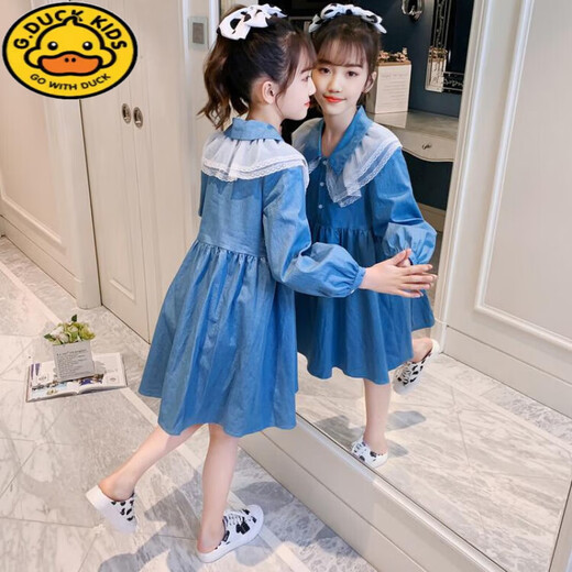 G.duck girls dress spring and autumn 2024 new medium and large children Korean style long-sleeved denim skirt girl fashionable princess dress blue 140 recommended height 130-140cm age 8-9 years old