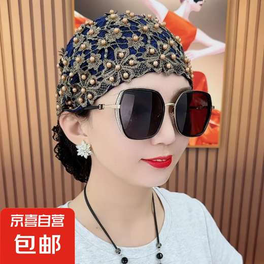 遮白头发的帽子女夏季薄款透气包头帽洋气假发套蕾丝女士头巾帽 蓝色 均码