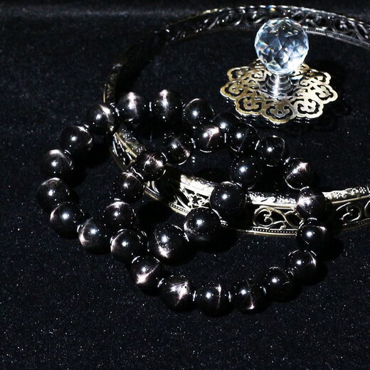 Mochen MOEYCIOR collectible gold luck stone bracelet for men and women Egyptian moonlight double cat's eye effect energy stone single circle black double eye collection grade 12mm men's model with thin hand circumference strong energy gold luck stone (Egypt)