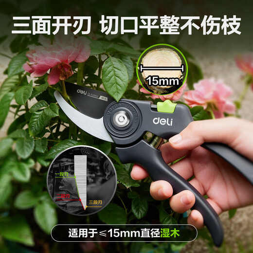 Deli gardening scissors for pruning fruit branches, pruning scissors, garden scissors, flower branch scissors, garden pruning shears, three-sided blades/anti-rust and anti-stick