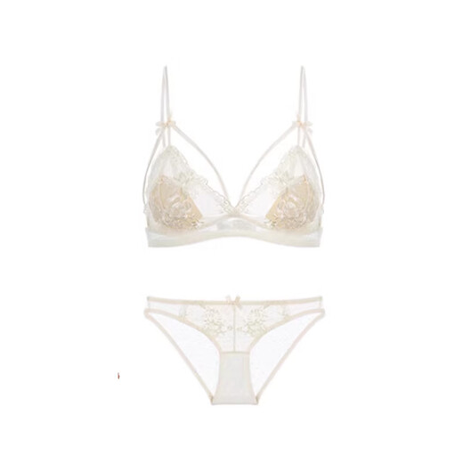 Ershanji Sexy Big Breasted Underwear for Women with Small Breasts Summer Thin Bra French Pure Desire Lace Wireless Bra Set Apricot Set 34/75