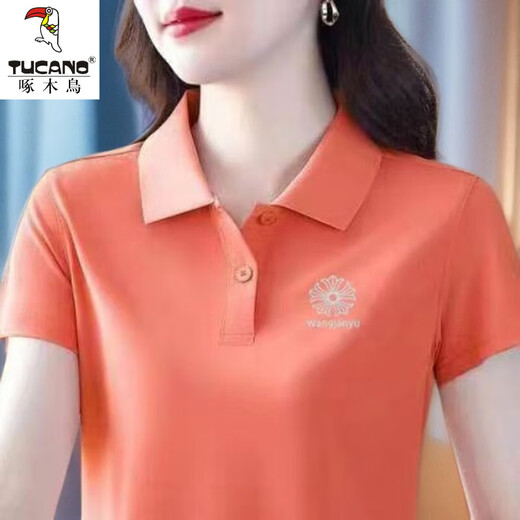 啄木鸟休闲polo衫短袖T恤女夏季新款中年妈妈装宽松大尺码显瘦翻领上衣 YC-6629红色 M 【建议85-100斤】