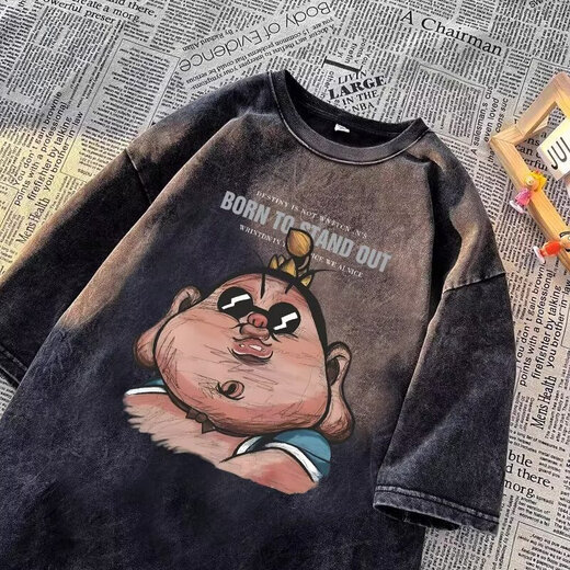 嵘虎 美式高街短袖T恤男生夏季卡通动漫水洗做旧港风潮牌潮流半袖体恤 T673黑色 XL