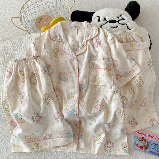 Catman Miiow Drei-teilige Pyjamas für Frauen im Sommer kurzärmelige Hose süße Cartoon-Strickjäde Girl Cloud Cotton Summer Home Clothing Set JS-9905# Schwarzes Liebes-drei-Stück-Kurzärärmel-Top + M 155-162 Gewicht 100 Jin [Jin gleich 0,5 kg]