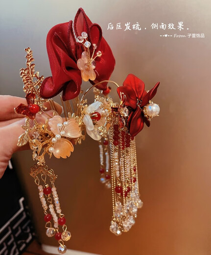 Chishe Xiuhe clothing headdress Chinese style bridal phoenix crown 2025 new red bow glazed hair crown ancient style wedding hair accessories C main crown + back area + hairpin + earrings gift box
