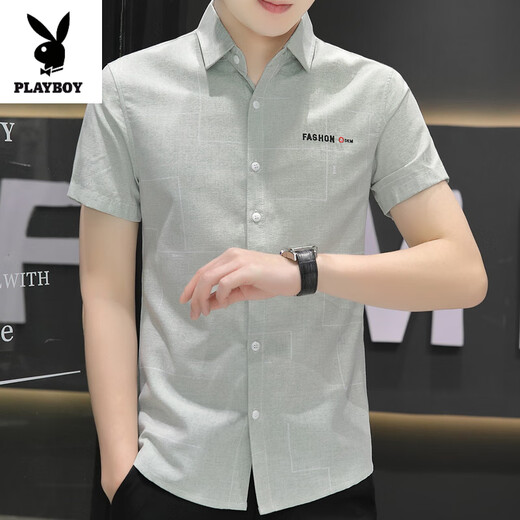 
Playboy (PLAYBOY) summer short-sleeved shirt for men Korean style casual and versatile simple half-sleeved shirt handsome inch shirt lapel top 844 green M 80-104Jin [Jin equals 0.5 kg]