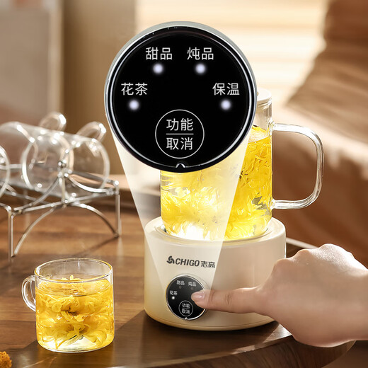 Chigo mini health kettle all-glass office health kettle for one person, kettle, stew kettle, all-in-one small fully automatic constant temperature kettle, teapot, scented tea kettle, electric stew cup, cream white 0.6L - single pot + 304 filter + smart base