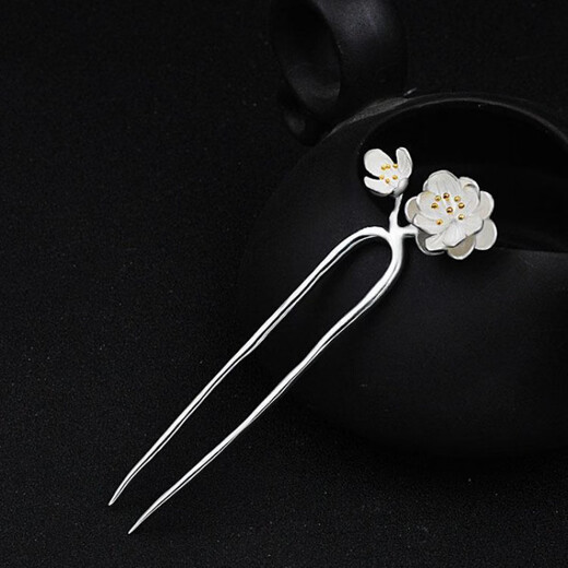 KZD Old Phoenix 999 sterling silver silver hairpin double flower U-shaped hairpin ancient style replica hairpin headdress for women white light peach blossom
