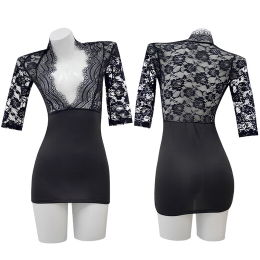 JIUUY Adult Sexy Lace Cover Hip Skirt Suit Pure Desire Sexy Secretary Suit Deep V Temptation See-through Outfit 9738 Black 9738 One Size