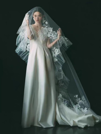 识恩新娘结婚主婚纱头纱森系蕾丝花边盖头长拖尾韩式高端头饰 乳白色 175cm以上