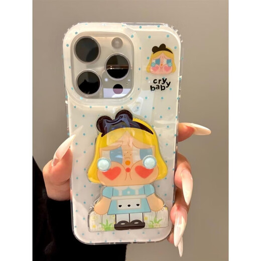 Jisma Japanese and Korean cute ins polka dot blue skirt crying baby flip mirror suitable for 16promax new 15pro Apple phone case 14pro double layer 13 all-inclusive 11 anti-fall 12 soft plu polka dot blue skirt crying baby shell + mirror stand iPhone 16 pro