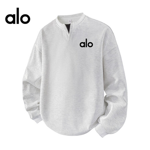 ALO YOGA brand light luxury henley collar long-sleeved men's autumn sweatshirt V-neck bottoming shirt white floral gray-same style for men and women S