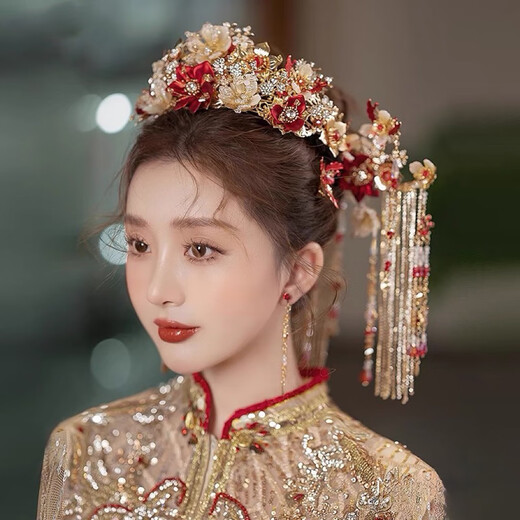Chishe Xiuhe clothing headdress Chinese style bridal phoenix crown 2025 new red bow glazed hair crown ancient style wedding hair accessories C main crown + back area + hairpin + earrings gift box