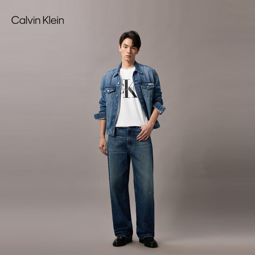 Calvin KleinJeans spring and autumn men and women couples neutral casual commuting ck printed bottoming shirt round neck long-sleeved T-shirt top