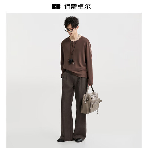 Earl Zall Henry Collar Long Sleeve T-Shirt Men's Simple Commuting Versatile T-shirt 2025 Autumn New T531373 Moon Night Black M (170)