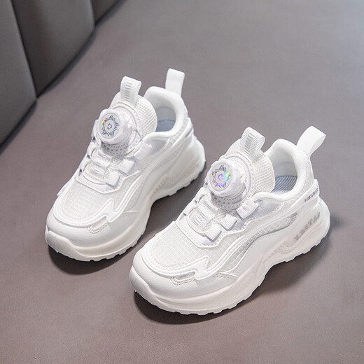 女童鞋旋转纽扣皮网新款春秋款儿童运动鞋中大童跑步鞋 9928 白色皮面 31