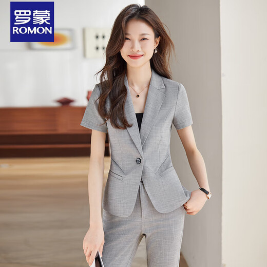 罗蒙黑色短袖西装套装女夏季工装薄款气质职业正装酒店前台接待工作服 a9928一粒扣灰色西装 S