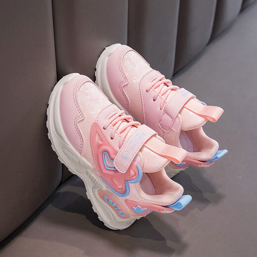 Girls mesh leather sneakers autumn new children's running shoes breathable soft sole little girl casual running shoes 9922 pink leather 36