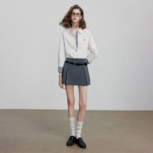 First Language Cavalry Oblique Cotton Women's Shirt 2025 New Lapel Spliced Striped Top Commuting Shirt Off-White M