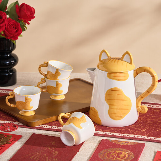 DearDali wedding gift for newlyweds, girlfriends, wedding, engagement, high-end practical living room water cups and water sets, complete tea set set, high-end gift box, orange cat water set, one pot, six cups + tray