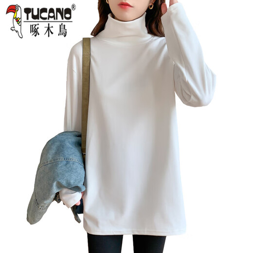 Woodpecker German velvet turtleneck bottoming shirt for women with thickened warm loose large size mid-length top fashionable long-sleeved T-shirt trendy AD0189 white M 95-115Jin Jin is equal to 0.5 kg