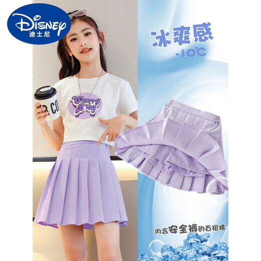 迪士尼（Disney）女童半身裙网球裙儿童夏季秋装裙裤大童百褶裙套装女孩jk运动短裙 9889T恤+4018芋泥奶油 160