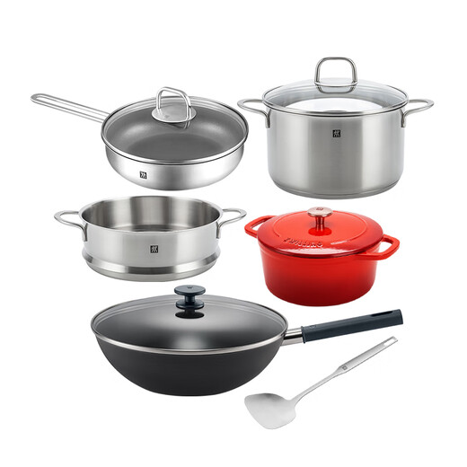 ZWILLING Family Portrait Heart-beating Kitchenware Set Iron Wok Non-stick Pan Frying Pan Soup Pot Enamel Pan Kitchen Goods SILVER Silver Series Iron Wok 6-piece Set